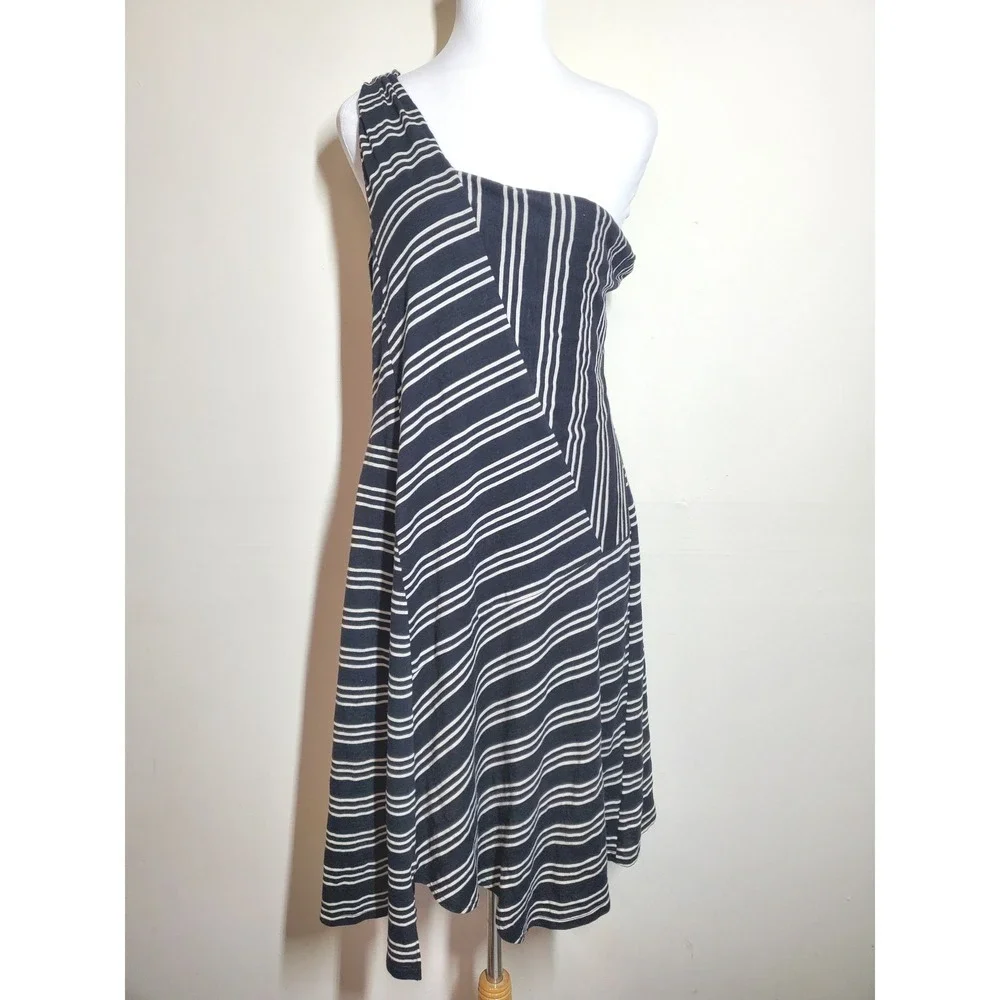 Anthropologie Maeve One Shoulder Striped Knit Dress Black White‎ Size Large